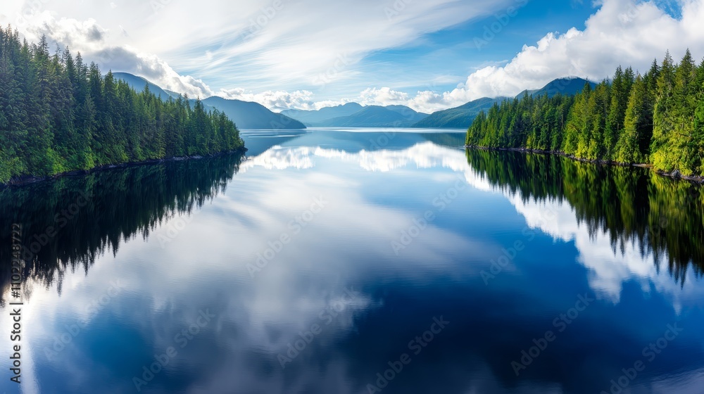 a large body of water surrounded by trees and mountains, with a sky filled with clouds in the background a large body of water surrounded by trees and mountains, with a sky filled with clouds in the background
