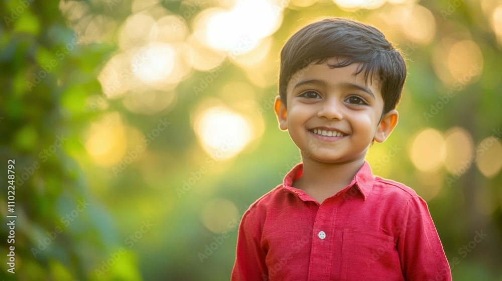 Smiling young boy in red shirt with sunlight, close up portrait outdoors, green blurry background Smiling young boy in red shirt with sunlight, close up portrait outdoors, green blurry background