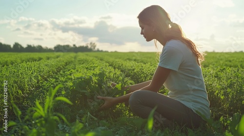 Woman kneeling to pick fresh vegetables in a green field, wearing relaxed outdoor clothes, sunny afternoon light,