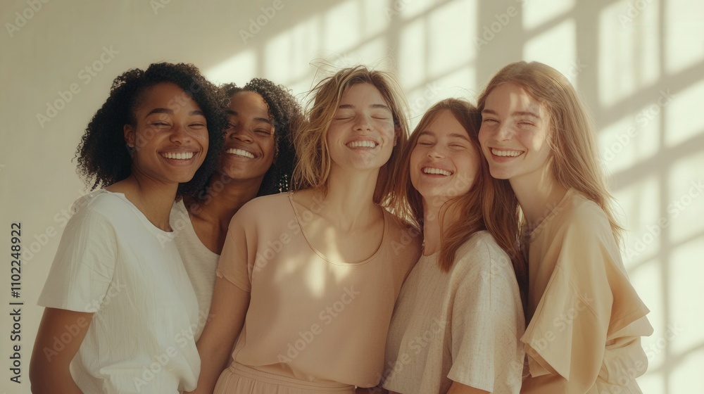 Happy diverse group of women smiling, casual clothing, standing together indoors with soft daylight, friendship theme Happy diverse group of women smiling, casual clothing, standing together indoors with soft daylight, friendship theme