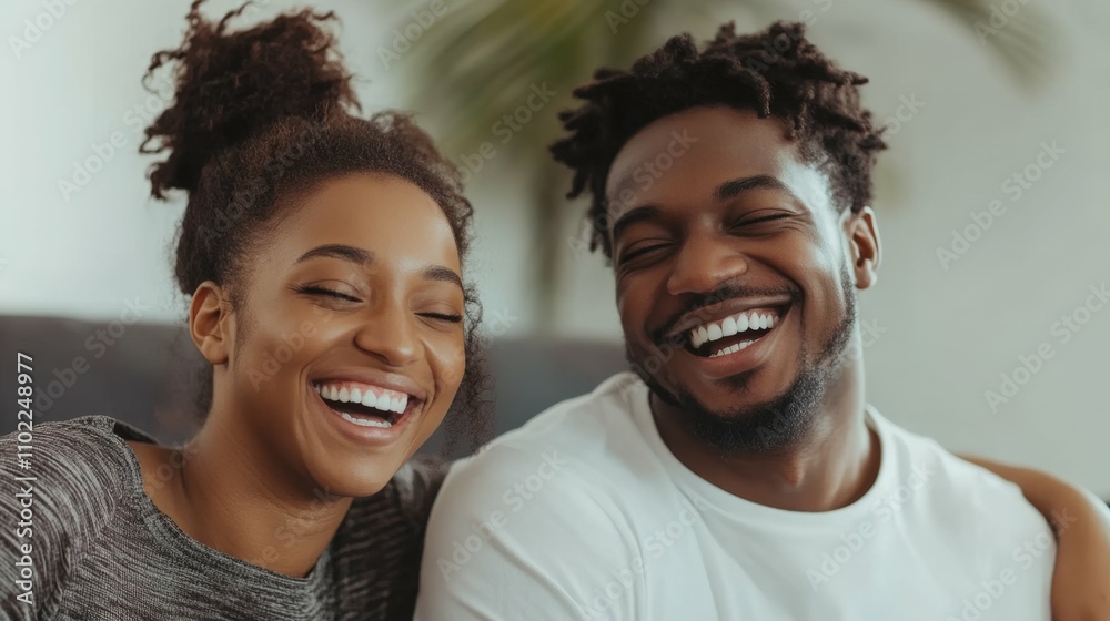 Excited couple unpacking their belongings in a newly decorated living room, bright smiles, natural daylight Excited couple unpacking their belongings in a newly decorated living room, bright smiles, natural daylight