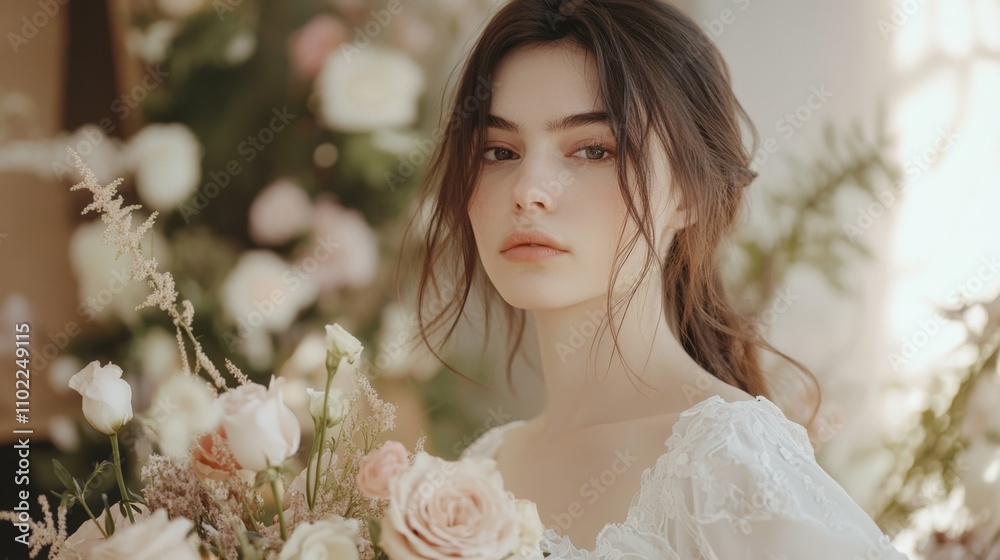 Young European woman in white dress, holding bouquet of flowers, soft indoor lighting with blurred floral background, gentle and serene expression Young European woman in white dress, holding bouquet of flowers, soft indoor lighting with blurred floral background, gentle and serene expression