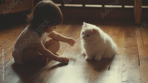 todler sitting on a wooden floor, petting a fluffy white cat, photo