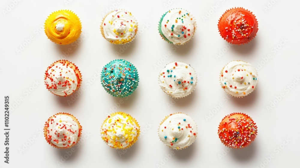 Colorful cupcakes with whipped cream frosting and sprinkles on white background, high detail, bright and appetizing Colorful cupcakes with whipped cream frosting and sprinkles on white background, high detail, bright and appetizing