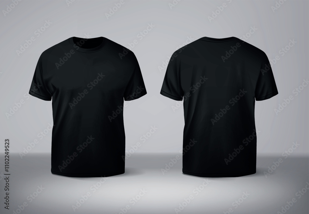 Blank black t-shirt mockup front and back. Plain cotton t-shirt mockup. Empty casual clothes.