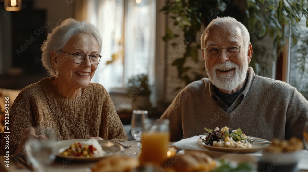 Joyful Senior Couple Enjoying a Cozy Meal Together in a Warm Home Setting. Generative ai Joyful Senior Couple Enjoying a Cozy Meal Together in a Warm Home Setting. Generative ai