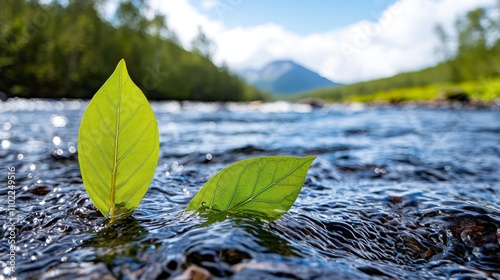  two green leaves floating in a river with mountains in the background The leaves are in the water, and the background is slightly blurred, giving the image a dream