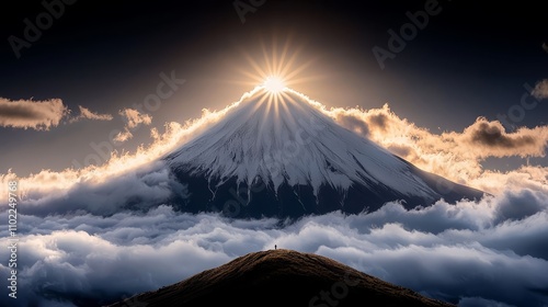  a majestic mountain, Mount Fuji, with the sun shining through the clouds in the sky The resolution of the image is 1920x1080, making it suitable for use as a deskt photo