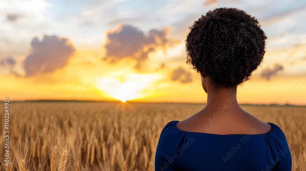 a woman standing in a field of wheat at sunset, wearing a blue dress The sky is a beautiful mix of oranges, pinks, and purples, and the sun is setting in the backg a woman standing in a field of wheat at sunset, wearing a blue dress The sky is a beautiful mix of oranges, pinks, and purples, and the sun is setting in the backg