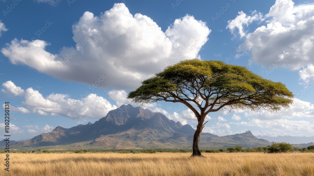 a lone acacia tree standing in the middle of a grassy field with mountains in the background The sky is filled with clouds and there is a watermark on the image a lone acacia tree standing in the middle of a grassy field with mountains in the background The sky is filled with clouds and there is a watermark on the image