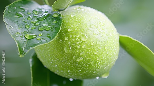 a green apple with water droplets glistening on its surface, set against a blurred background