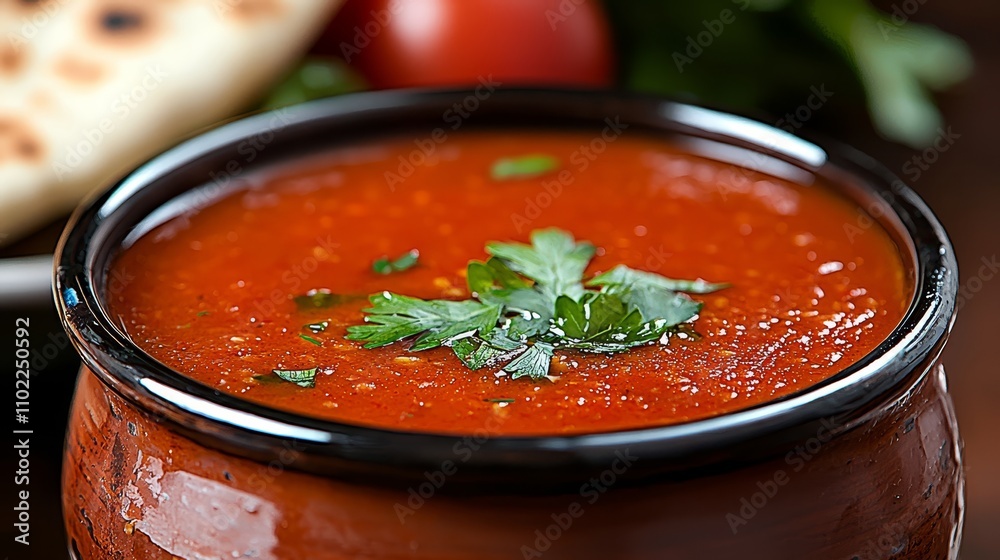 a bowl of tomato soup with parsley on top, sitting on a table with a spoon beside it The background is slightly blurred, giving the focus to the bowl of soup and i a bowl of tomato soup with parsley on top, sitting on a table with a spoon beside it The background is slightly blurred, giving the focus to the bowl of soup and i