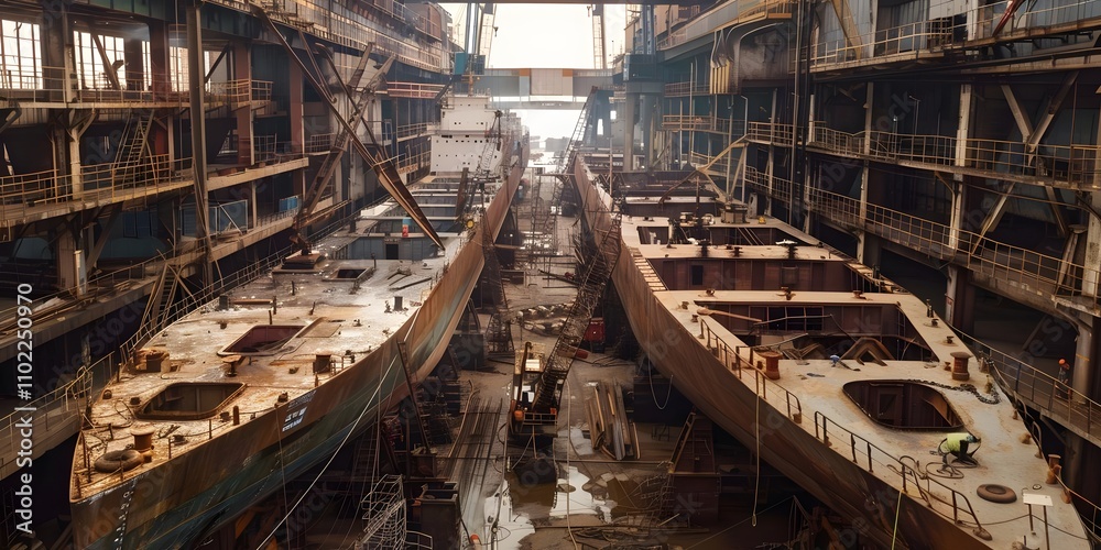 Two large ships under construction in a shipyard, showcasing industrial activity. Two large ships under construction in a shipyard, showcasing industrial activity.
