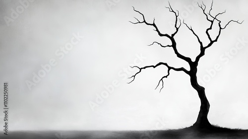  a black and white photo of a tree with no leaves, standing alone in the middle of a field The tree is starkly contrasted against the white background, creating a s photo