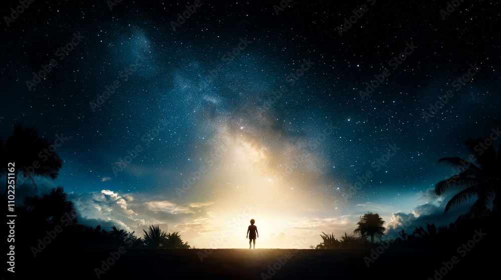 a person standing in the middle of a field, surrounded by trees, looking up at the night sky filled with stars a person standing in the middle of a field, surrounded by trees, looking up at the night sky filled with stars