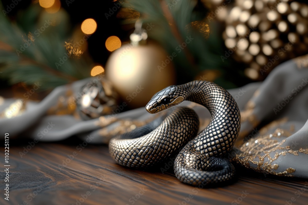 chinese zodiac figure, a delightful earth snake figurine perched on a fancy table with silk cloth, amidst stylish new year decorations chinese zodiac figure, a delightful earth snake figurine perched on a fancy table with silk cloth, amidst stylish new year decorations