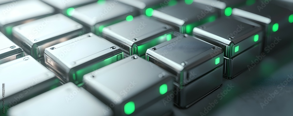 Modular Battery Packs Revolutionizing Energy Storage - Highly Detailed Close-Up with Metallic Textures and Industrial Lighting Enhancing Green Highlights Modular Battery Packs Revolutionizing Energy Storage - Highly Detailed Close-Up with Metallic Textures and Industrial Lighting Enhancing Green Highlights