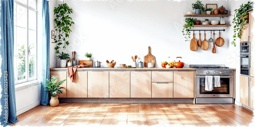 Watercolor modern and minimalist kitchen interior design illustration	

