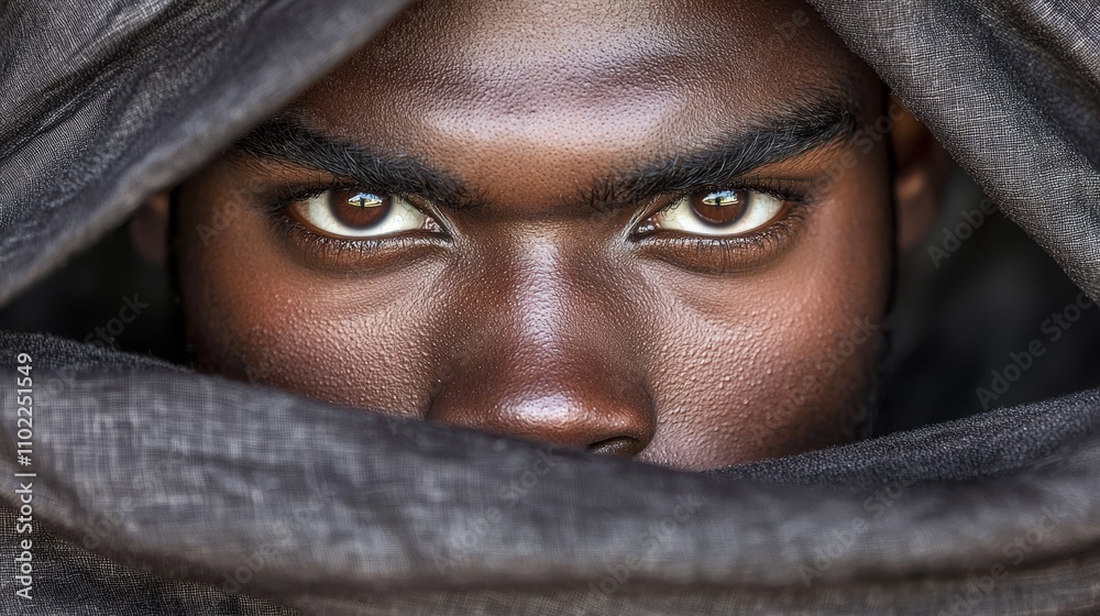 a man with brown eyes peeking out from behind a black cloth His face is framed by the cloth, giving the impression that he is hiding from view a man with brown eyes peeking out from behind a black cloth His face is framed by the cloth, giving the impression that he is hiding from view