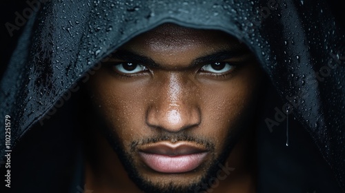  a man wearing a black hoodie with water droplets on it, set against a dark background