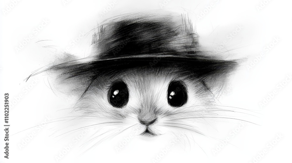 a black and white drawing of a cat wearing a top hat The cat has a curious expression, with its eyes wide open and its ears perked up Its fur is shaded in a way t a black and white drawing of a cat wearing a top hat The cat has a curious expression, with its eyes wide open and its ears perked up Its fur is shaded in a way t