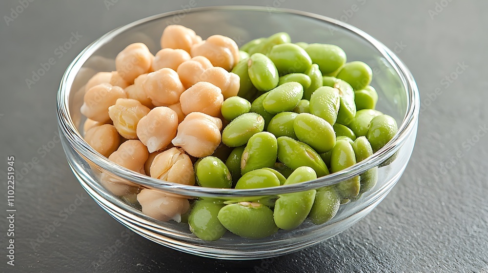 A visually appealing mix of edamame and chickpeas in a glass bowl, offering a nutritious and high-protein snack.
A visually appealing mix of edamame and chickpeas in a glass bowl, offering a nutritious and high-protein snack.