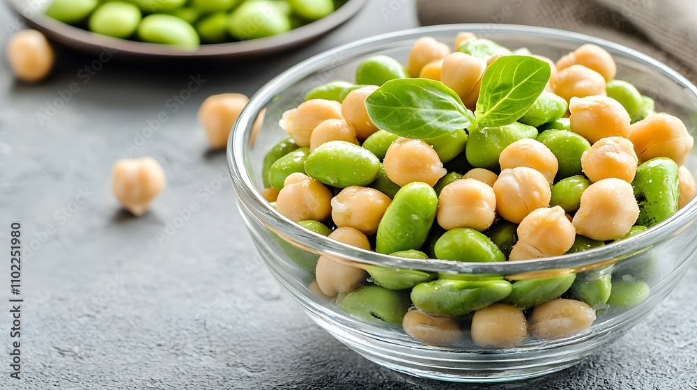 A visually appealing mix of edamame and chickpeas in a glass bowl, offering a nutritious and high-protein snack.
A visually appealing mix of edamame and chickpeas in a glass bowl, offering a nutritious and high-protein snack.