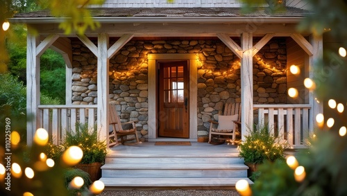 Cozy stone house porch with rocking chairs, string lights, and plants at dusk.