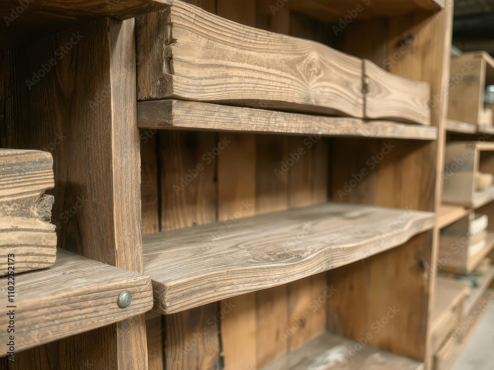 A close-up shot of a rustic wooden shelf in a store, featuring a variety of textures such as rough wood grain, metal fasteners, and aged paint, store, fasteners A close-up shot of a rustic wooden shelf in a store, featuring a variety of textures such as rough wood grain, metal fasteners, and aged paint, store, fasteners