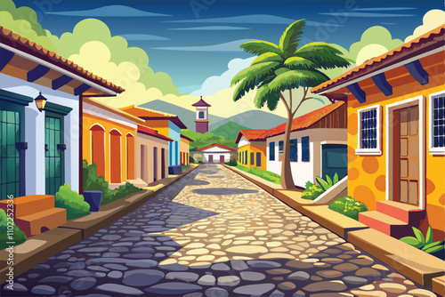 Looking Down a Cobblestone Street with Colonial Latino Houses and a Plaza in the Background