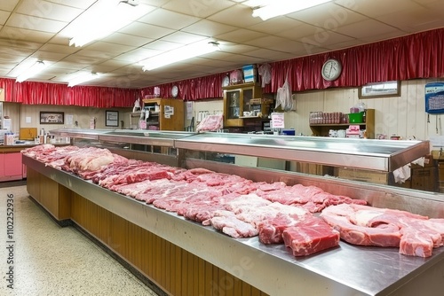 Fresh Meat Display at a Local Butcher Shop with a Brightly Lit Interior and an Abundance of Meat Cuts Ready for Purchase by Curious Customers