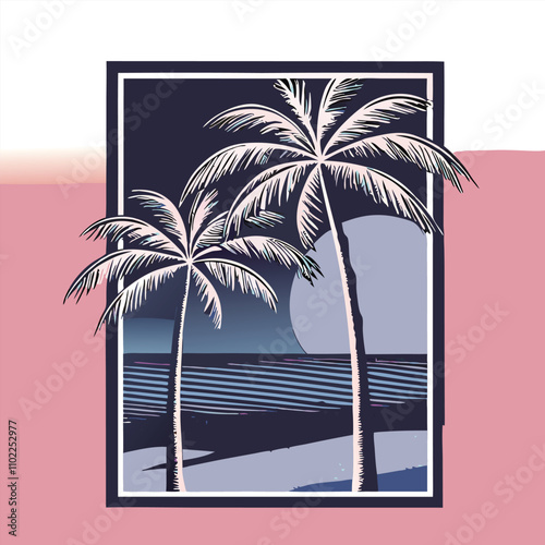 a black and white illustration of two palm trees on a beach.