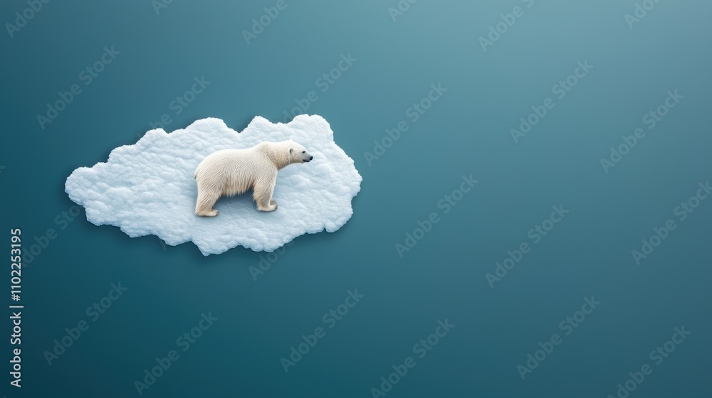 Naklejka premium A lone polar bear stranded on a shrinking ice floe, surrounded by melting ice and deep blue water, conveying the impact of global warming on Arctic wildlife and habitats.