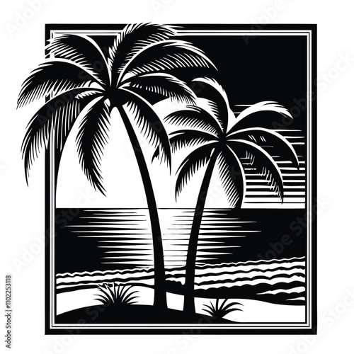 a black and white illustration of two palm trees on a beach.