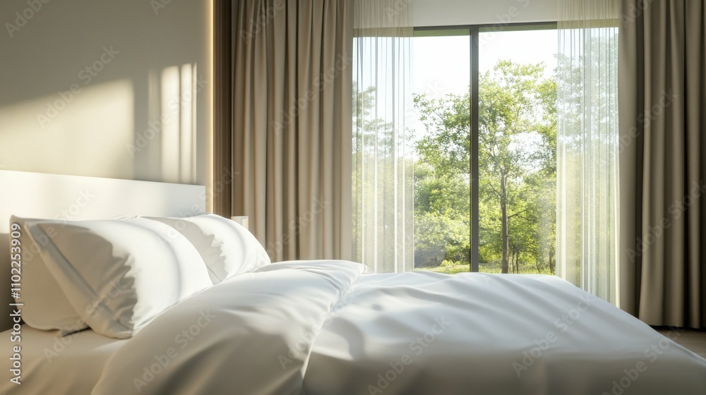 Modern bedroom with large windows and white linens, minimalist style, cozy atmosphere, natural daylight, Modern bedroom with large windows and white linens, minimalist style, cozy atmosphere, natural daylight,