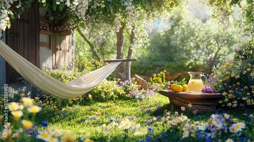 Idyllic garden scene with hammock, flowers, lemonade, and sunshine.