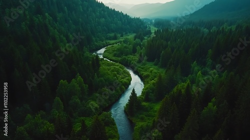Winding river meanders through dense green forest in the early evening light