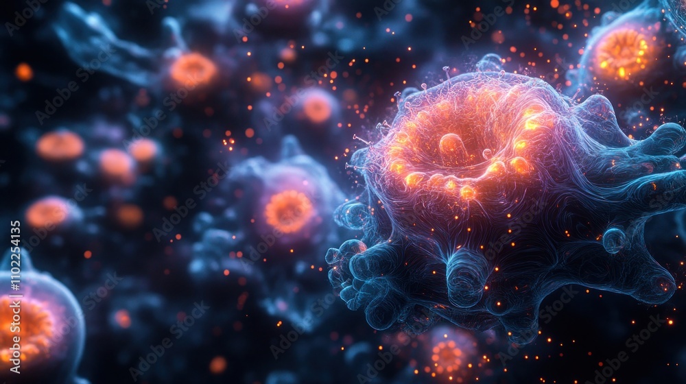 Microscopic view of glowing cells with intricate details. Microscopic view of glowing cells with intricate details.