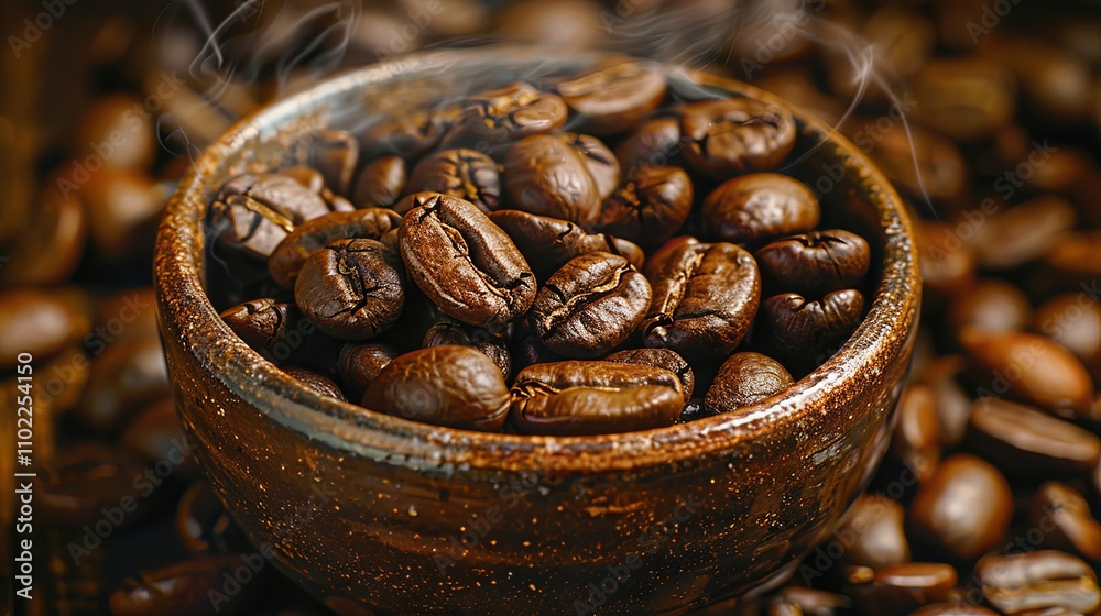 Aromatic Roasted Coffee Beans Steaming in a Rustic Bowl Aromatic Roasted Coffee Beans Steaming in a Rustic Bowl