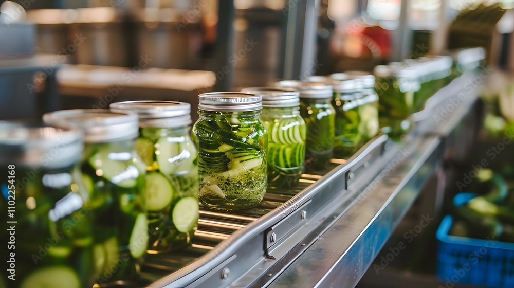 Jars of pickles arranged on a conveyor belt in a food processing facility. Jars of pickles arranged on a conveyor belt in a food processing facility.