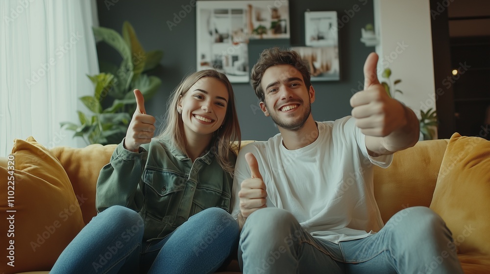 Happy young couple happy and showing thumbs up. Love. Rent or buy house, apartment. Happy young couple happy and showing thumbs up. Love. Rent or buy house, apartment.