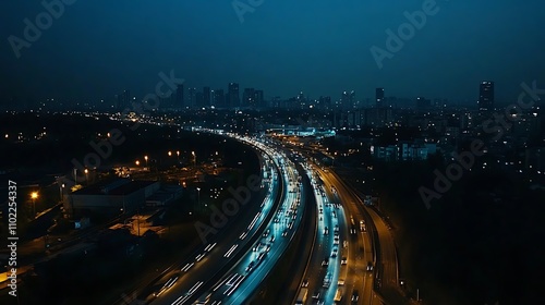 Nighttime highway view with city skyline illuminated and moving traffic in urban landscape