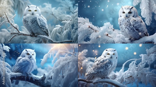 A magical snow owl perched on a frost-covered branch, overlooking a peaceful winter landscape aglow with the spirit of Christmas. photo