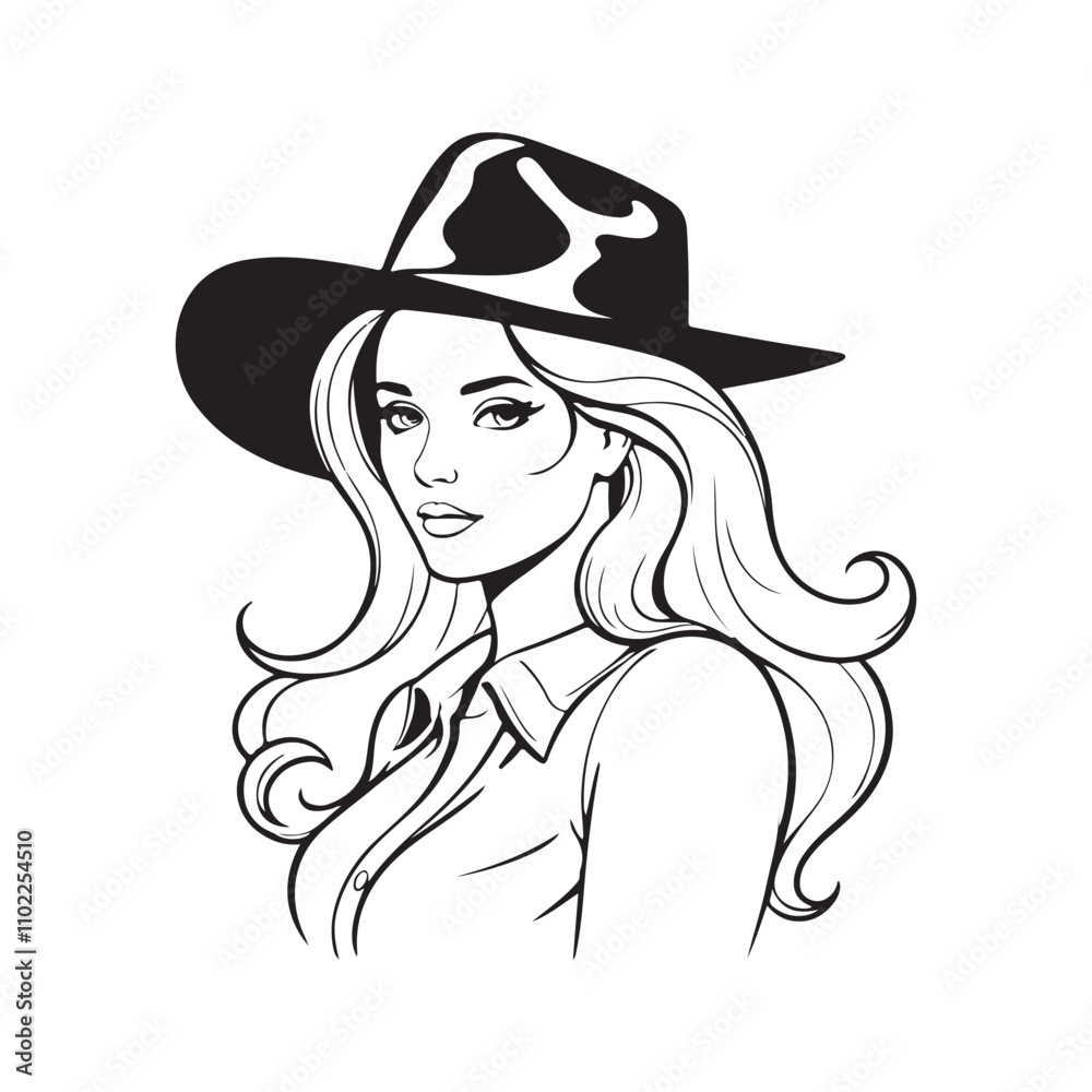 beautiful Woman with a cowboy hat silhouette vector art black color design and solid white background beautiful Woman with a cowboy hat silhouette vector art black color design and solid white background