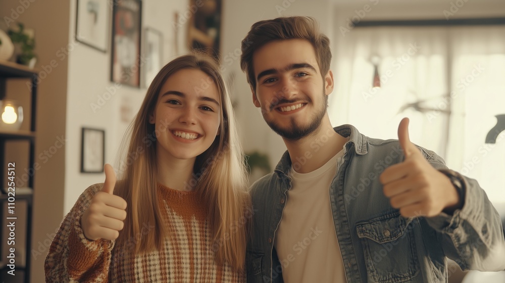 Happy young couple happy and showing thumbs up. Love. Rent or buy house, apartment. Happy young couple happy and showing thumbs up. Love. Rent or buy house, apartment.
