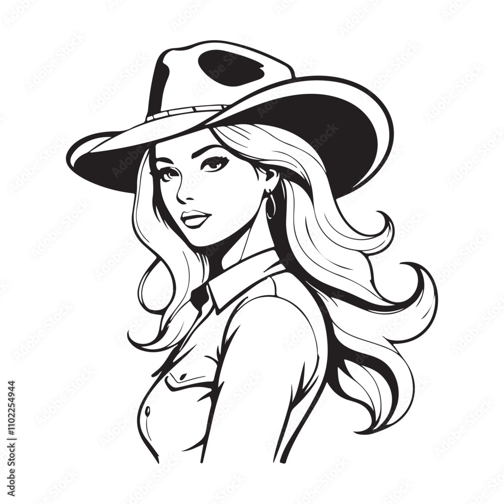 beautiful Woman with a cowboy hat silhouette vector art black color design and solid white background beautiful Woman with a cowboy hat silhouette vector art black color design and solid white background