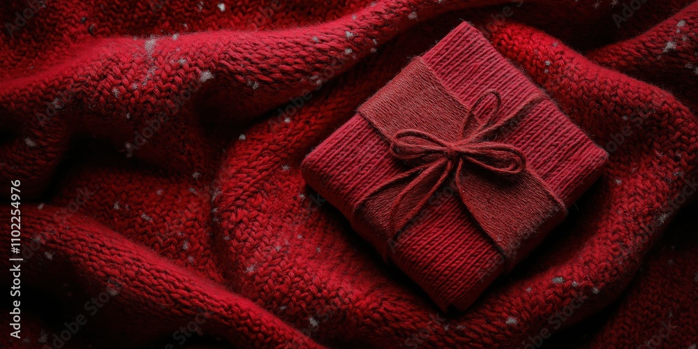 Knitted red gift box tied with twine placed on red knitted fabric with snow accents Knitted red gift box tied with twine placed on red knitted fabric with snow accents