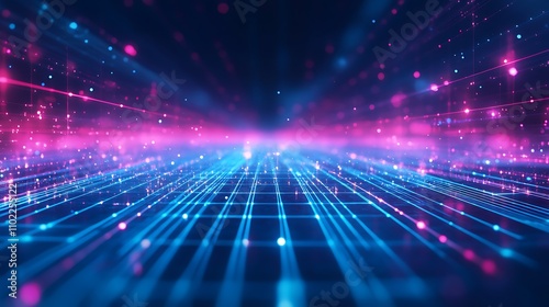 Futuristic neon grid concept showcasing vibrant blue and pink light patterns in a digital space