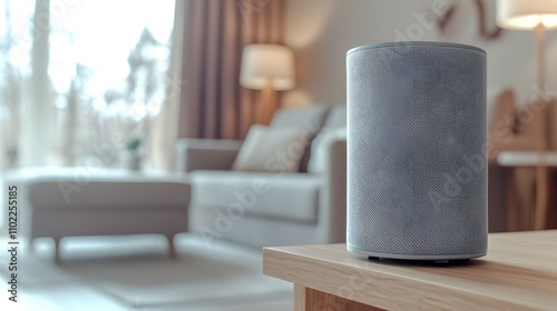 Elegant Bluetooth Speaker on Wooden Shelf in Cozy Living Room - Captivating Soft Lighting and Tasteful Decor Enhance Home Ambiance