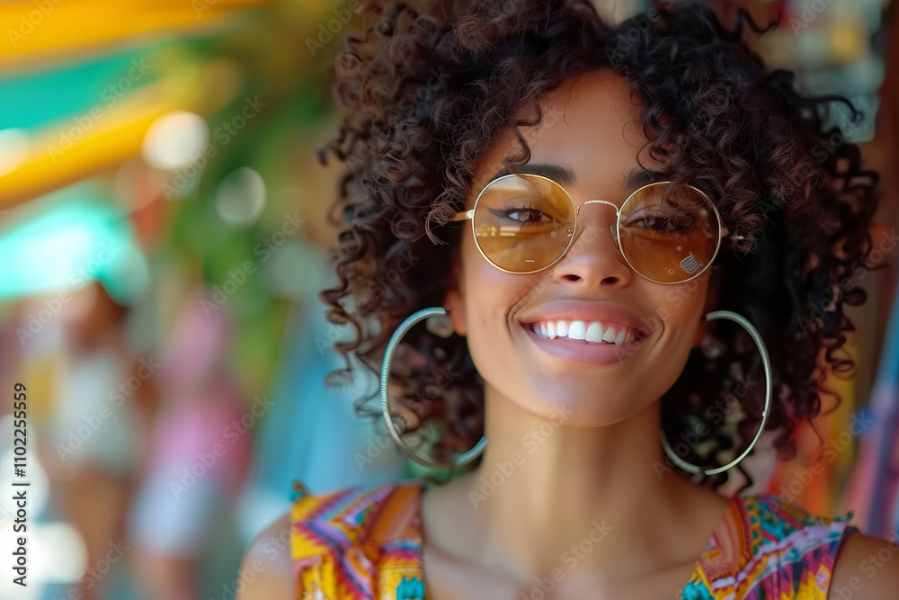 Portrait of a joyful young woman with curly hair wearing large earrings and stylish sunglasses Portrait of a joyful young woman with curly hair wearing large earrings and stylish sunglasses